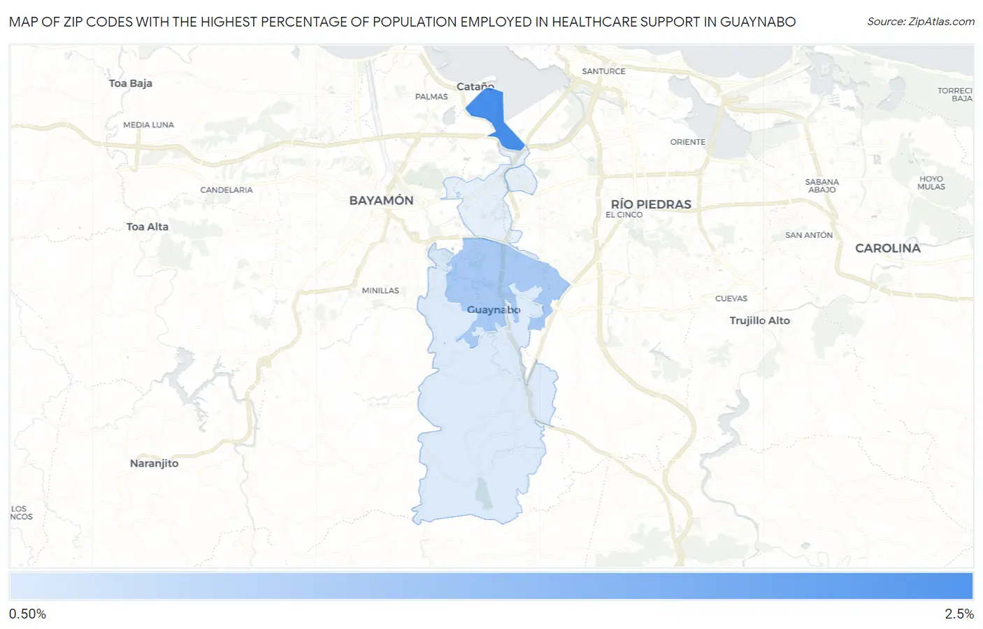 Zip Codes with the Highest Percentage of Population Employed in Healthcare Support in Guaynabo Map