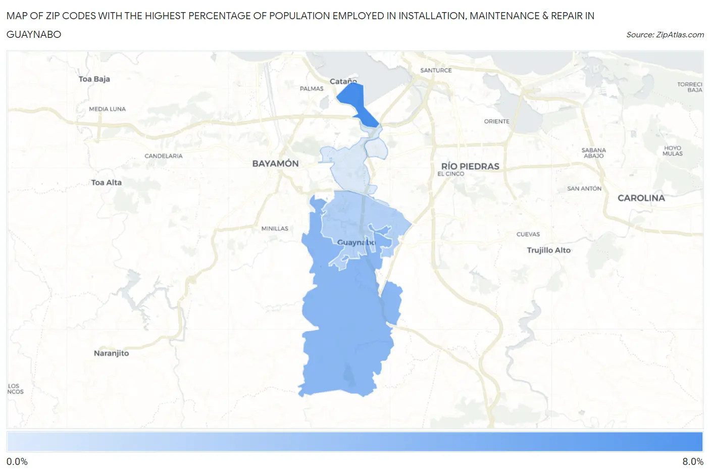 Zip Codes with the Highest Percentage of Population Employed in Installation, Maintenance & Repair in Guaynabo Map