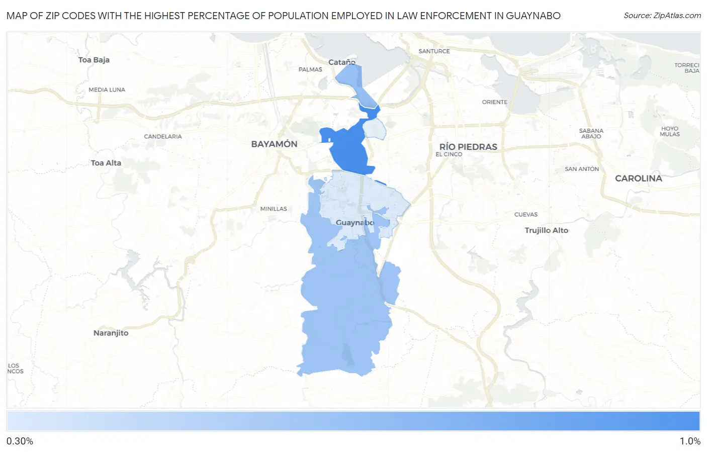 Zip Codes with the Highest Percentage of Population Employed in Law Enforcement in Guaynabo Map