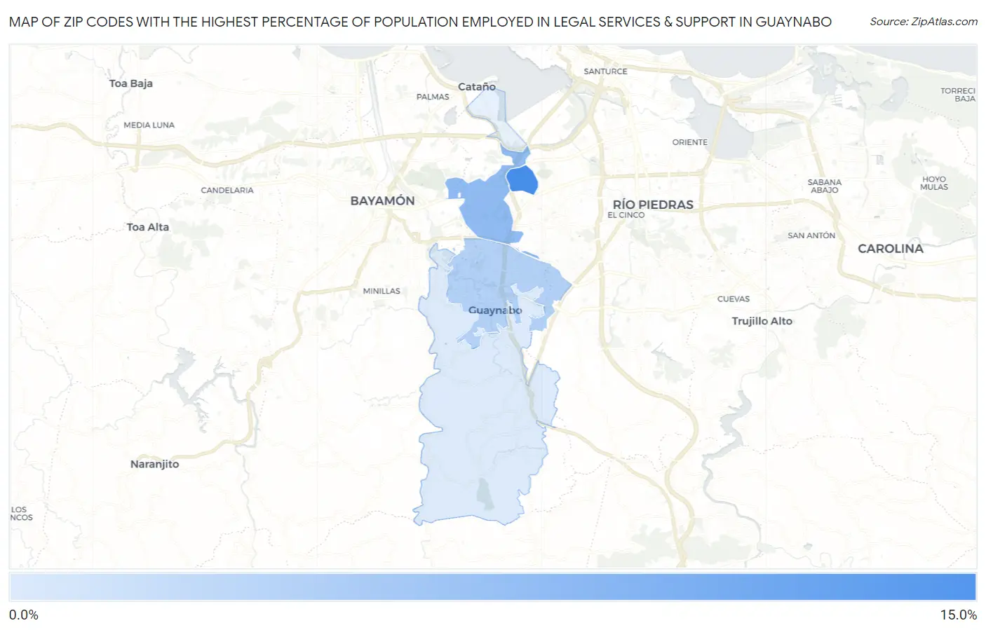 Zip Codes with the Highest Percentage of Population Employed in Legal Services & Support in Guaynabo Map