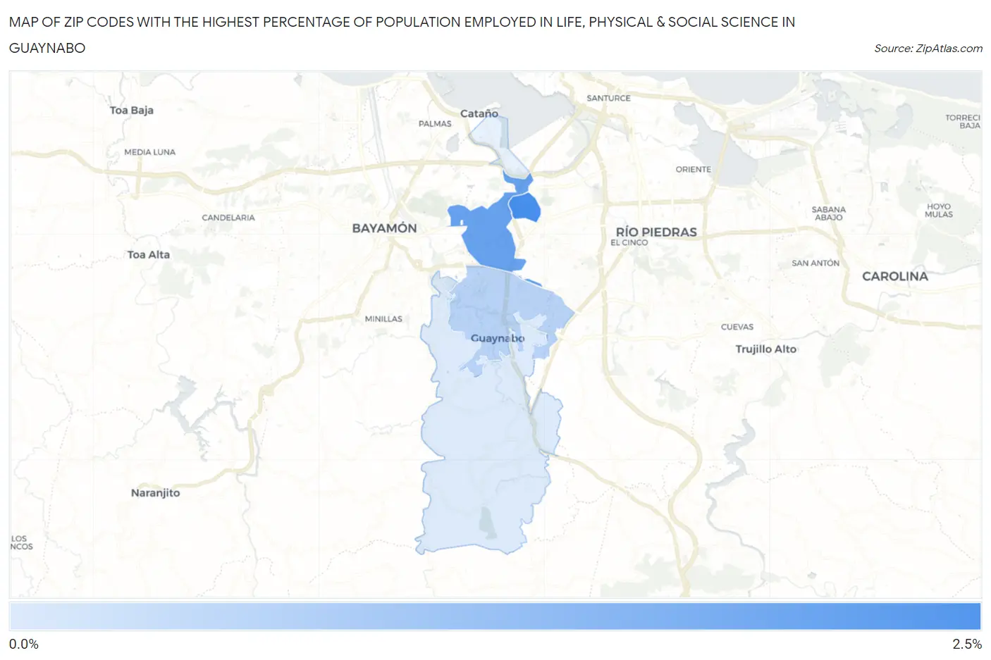 Zip Codes with the Highest Percentage of Population Employed in Life, Physical & Social Science in Guaynabo Map