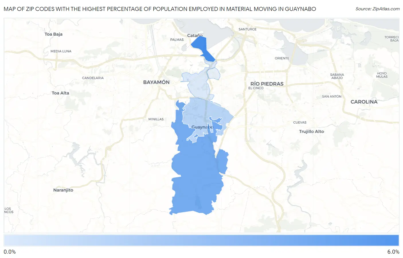 Zip Codes with the Highest Percentage of Population Employed in Material Moving in Guaynabo Map