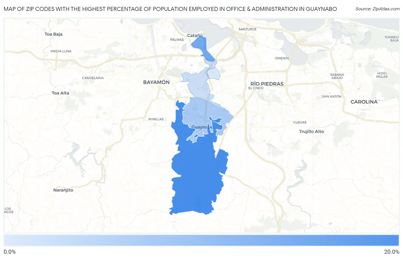 Zip Codes with the Highest Percentage of Population Employed in Office & Administration in Guaynabo Map