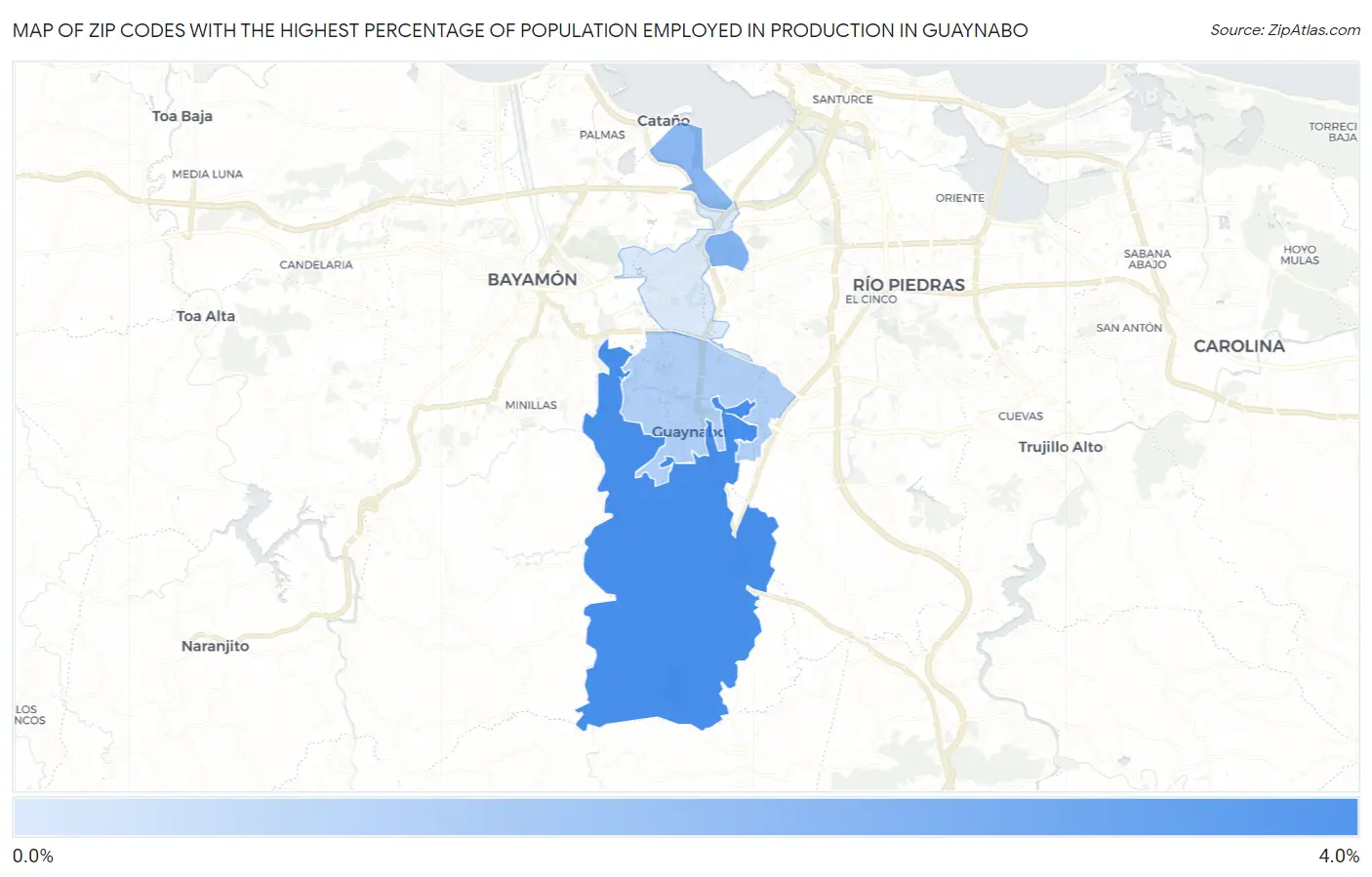Zip Codes with the Highest Percentage of Population Employed in Production in Guaynabo Map