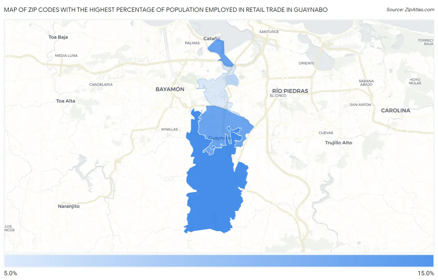 Zip Codes with the Highest Percentage of Population Employed in Retail Trade in Guaynabo Map