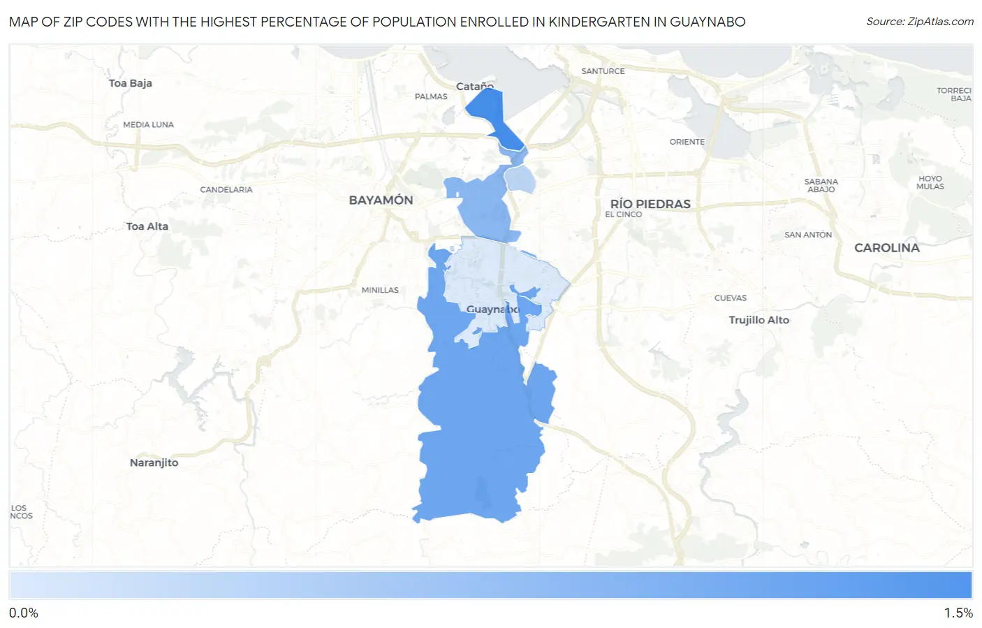 Zip Codes with the Highest Percentage of Population Enrolled in Kindergarten in Guaynabo Map
