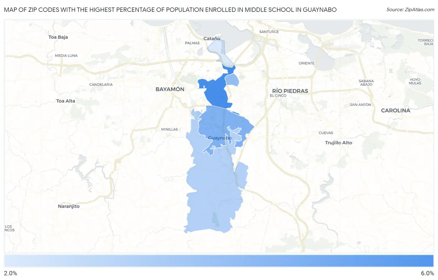 Zip Codes with the Highest Percentage of Population Enrolled in Middle School in Guaynabo Map