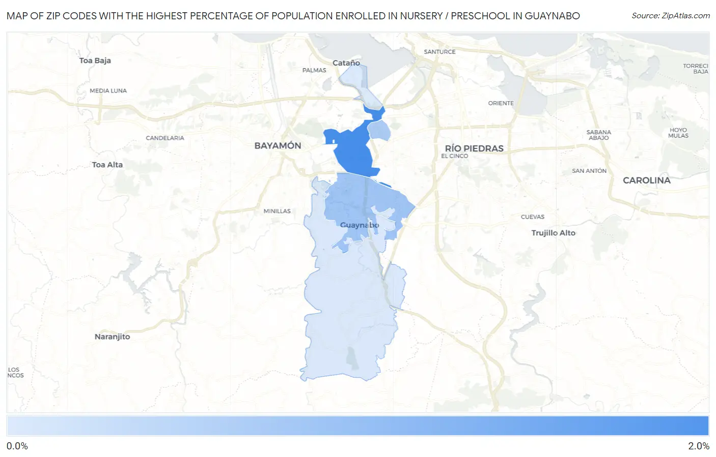 Zip Codes with the Highest Percentage of Population Enrolled in Nursery / Preschool in Guaynabo Map