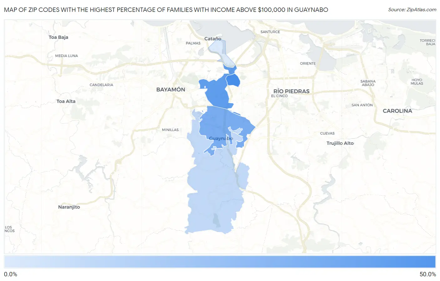 Zip Codes with the Highest Percentage of Families with Income Above $100,000 in Guaynabo Map