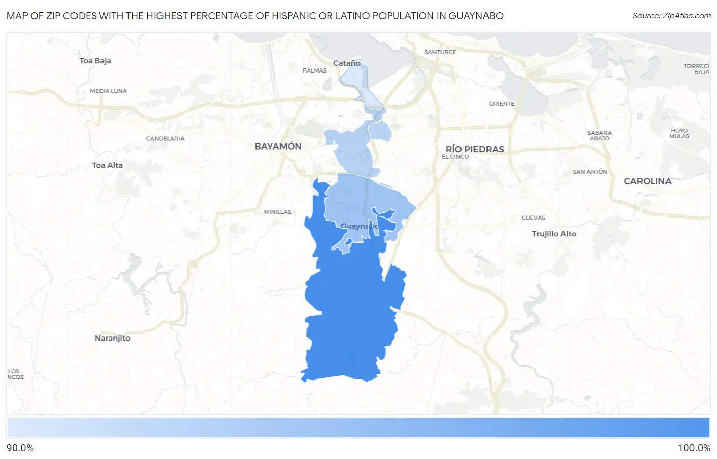 Zip Codes with the Highest Percentage of Hispanic or Latino Population in Guaynabo Map