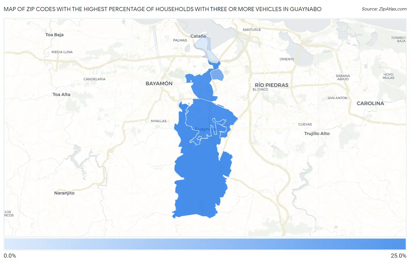 Zip Codes with the Highest Percentage of Households With Three or more Vehicles in Guaynabo Map