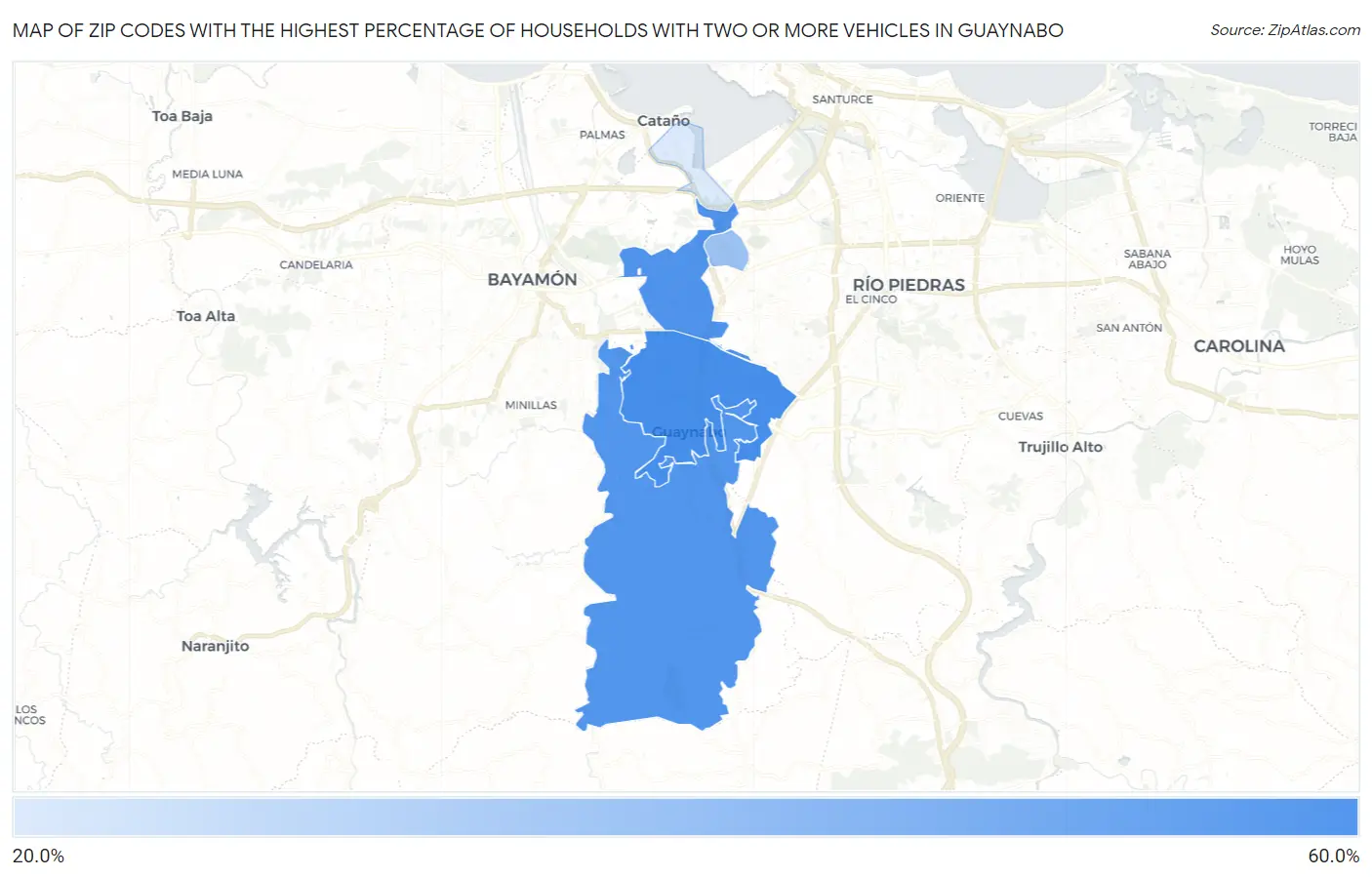 Zip Codes with the Highest Percentage of Households With Two or more Vehicles in Guaynabo Map