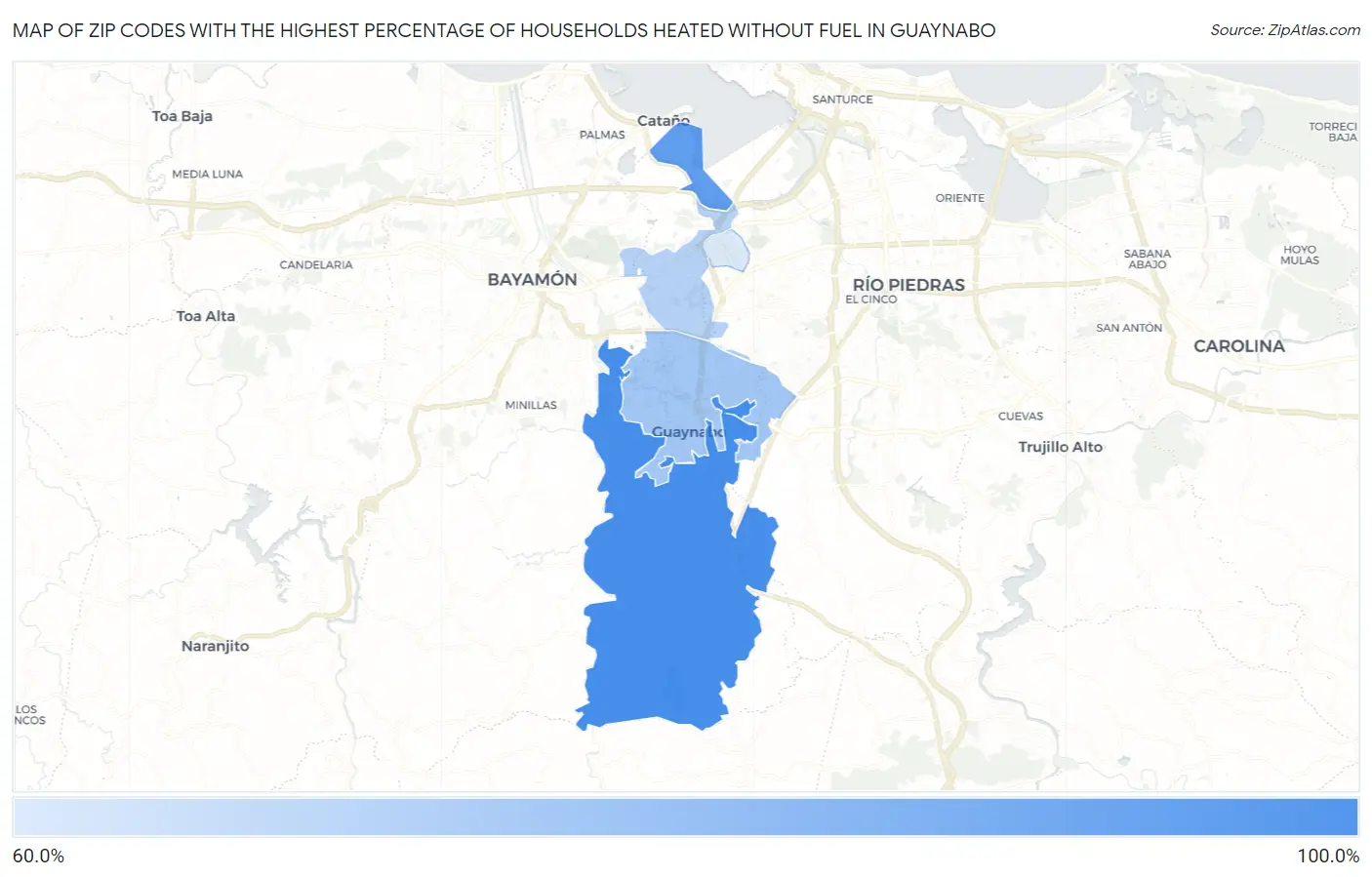 Zip Codes with the Highest Percentage of Households Heated without Fuel in Guaynabo Map