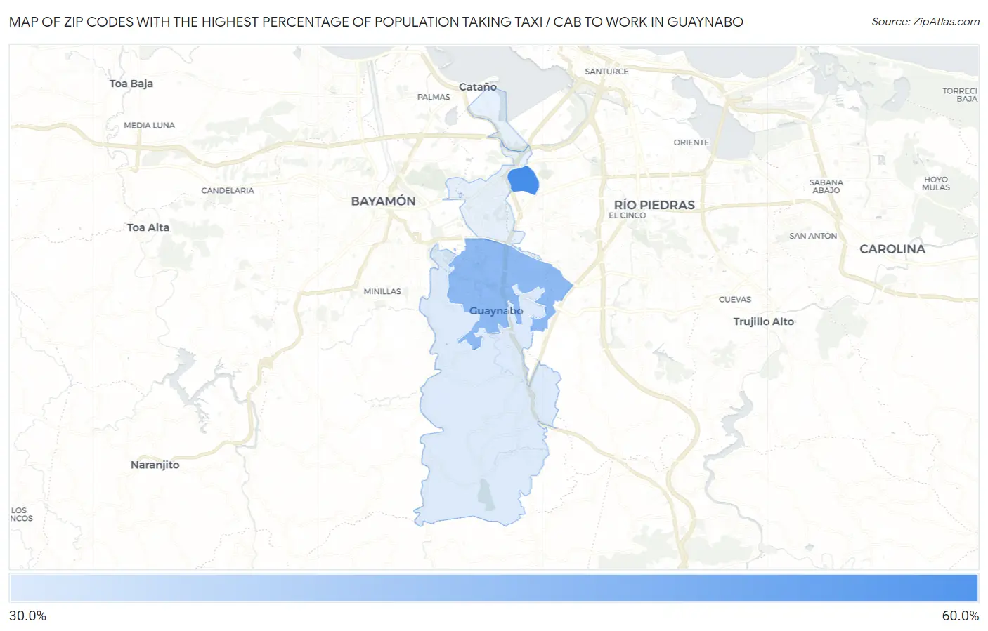 Zip Codes with the Highest Percentage of Population Taking Taxi / Cab to Work in Guaynabo Map