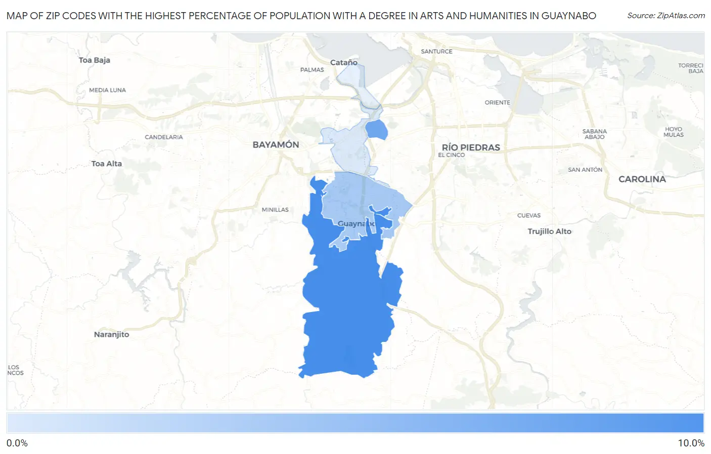 Zip Codes with the Highest Percentage of Population with a Degree in Arts and Humanities in Guaynabo Map