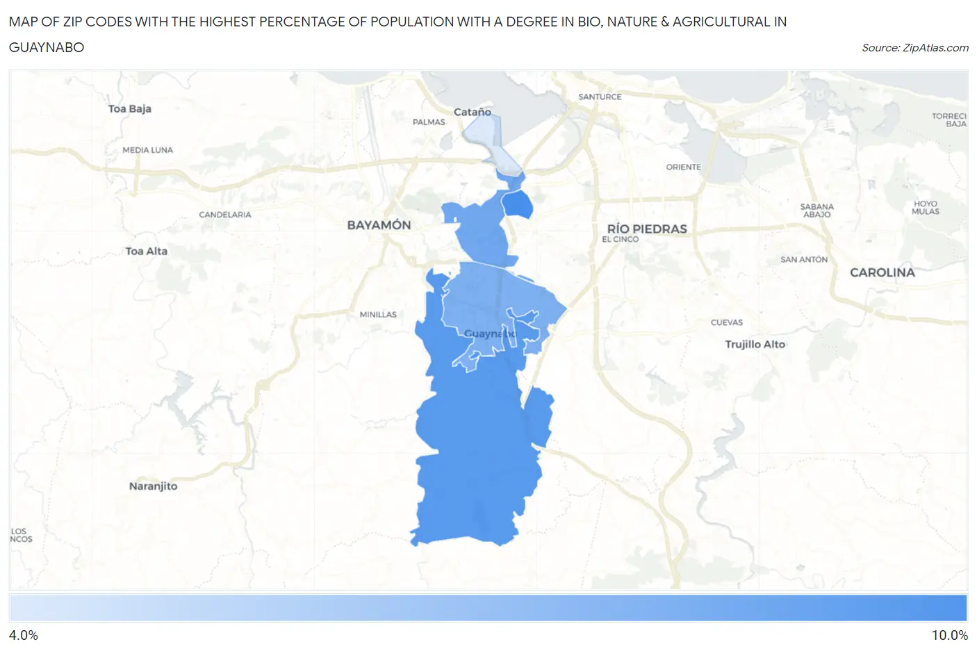 Zip Codes with the Highest Percentage of Population with a Degree in Bio, Nature & Agricultural in Guaynabo Map