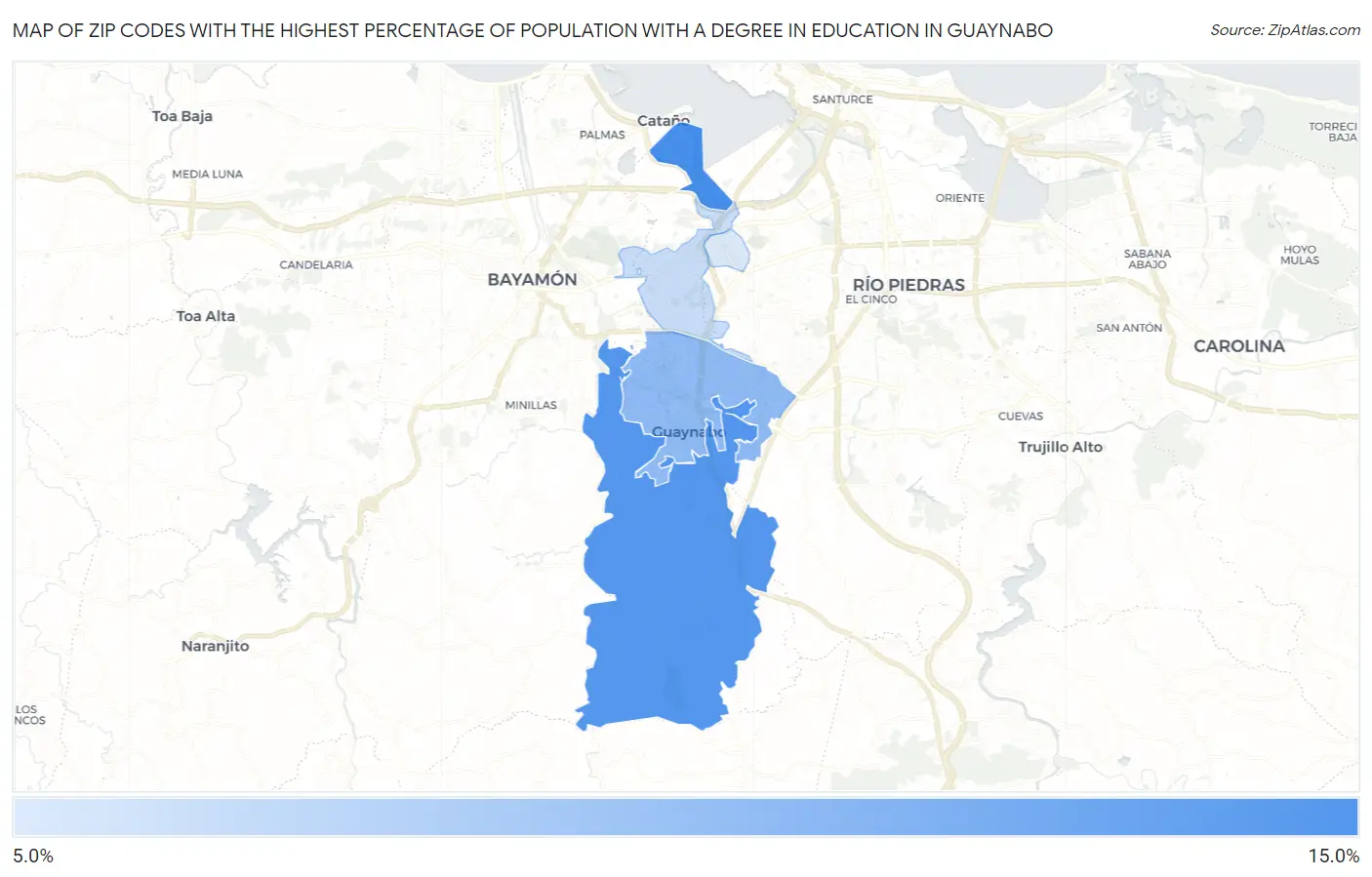 Zip Codes with the Highest Percentage of Population with a Degree in Education in Guaynabo Map