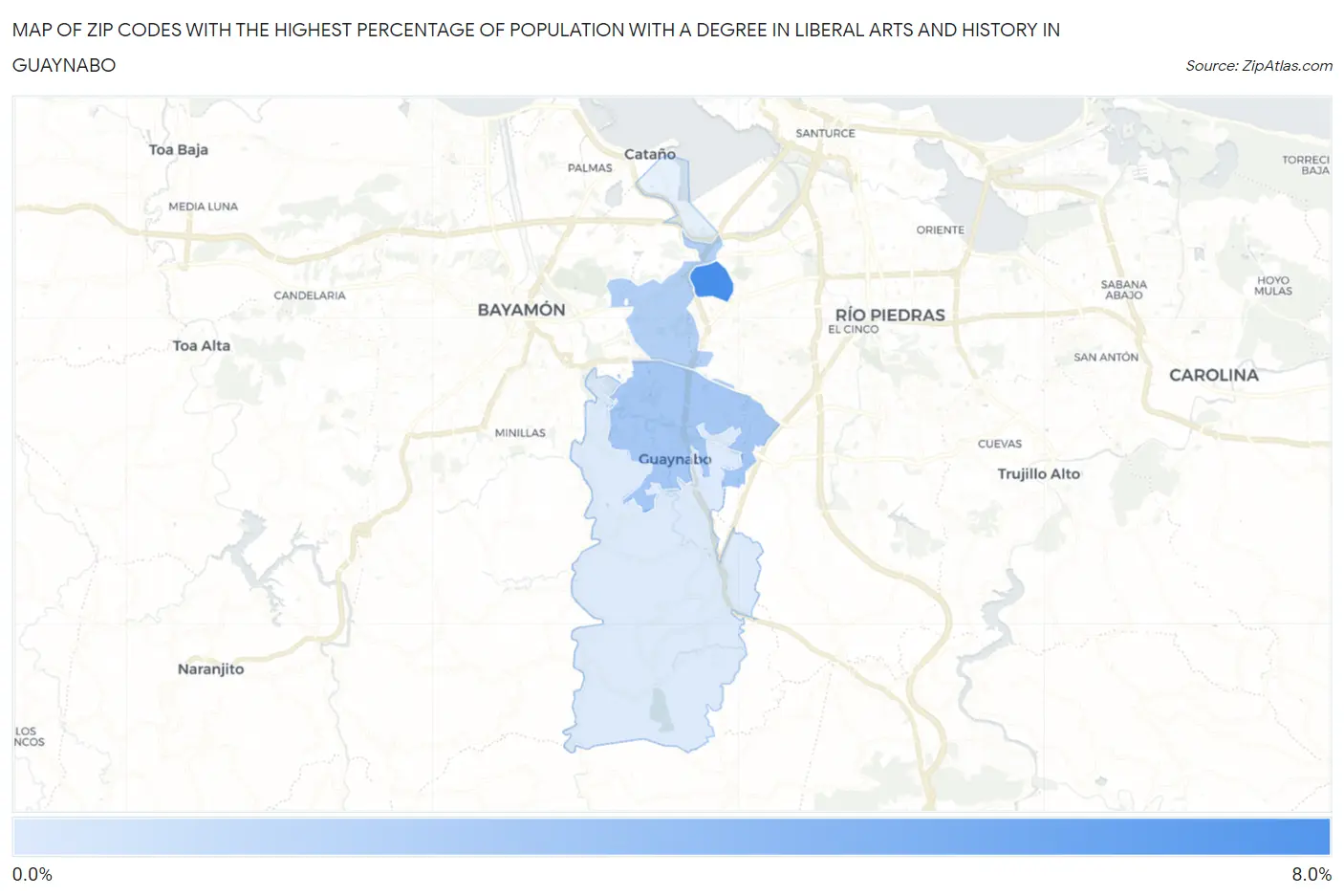 Zip Codes with the Highest Percentage of Population with a Degree in Liberal Arts and History in Guaynabo Map
