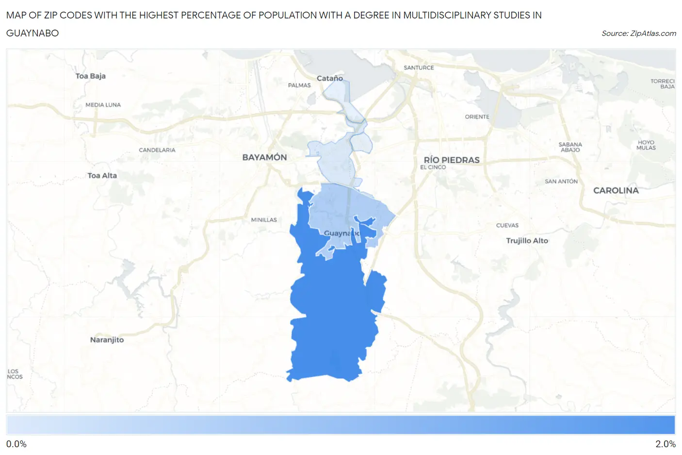 Zip Codes with the Highest Percentage of Population with a Degree in Multidisciplinary Studies in Guaynabo Map