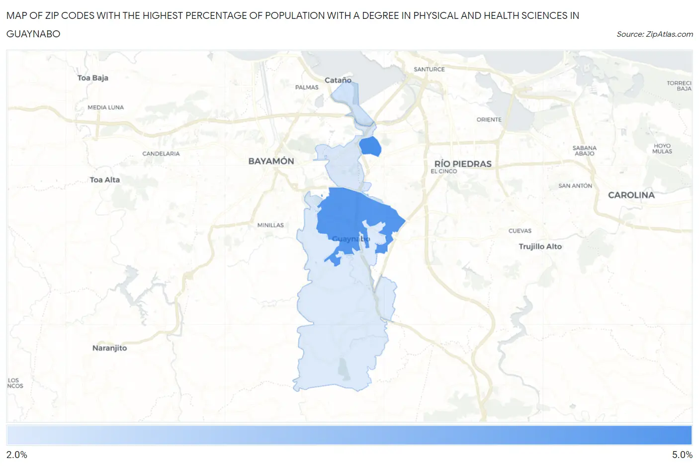 Zip Codes with the Highest Percentage of Population with a Degree in Physical and Health Sciences in Guaynabo Map