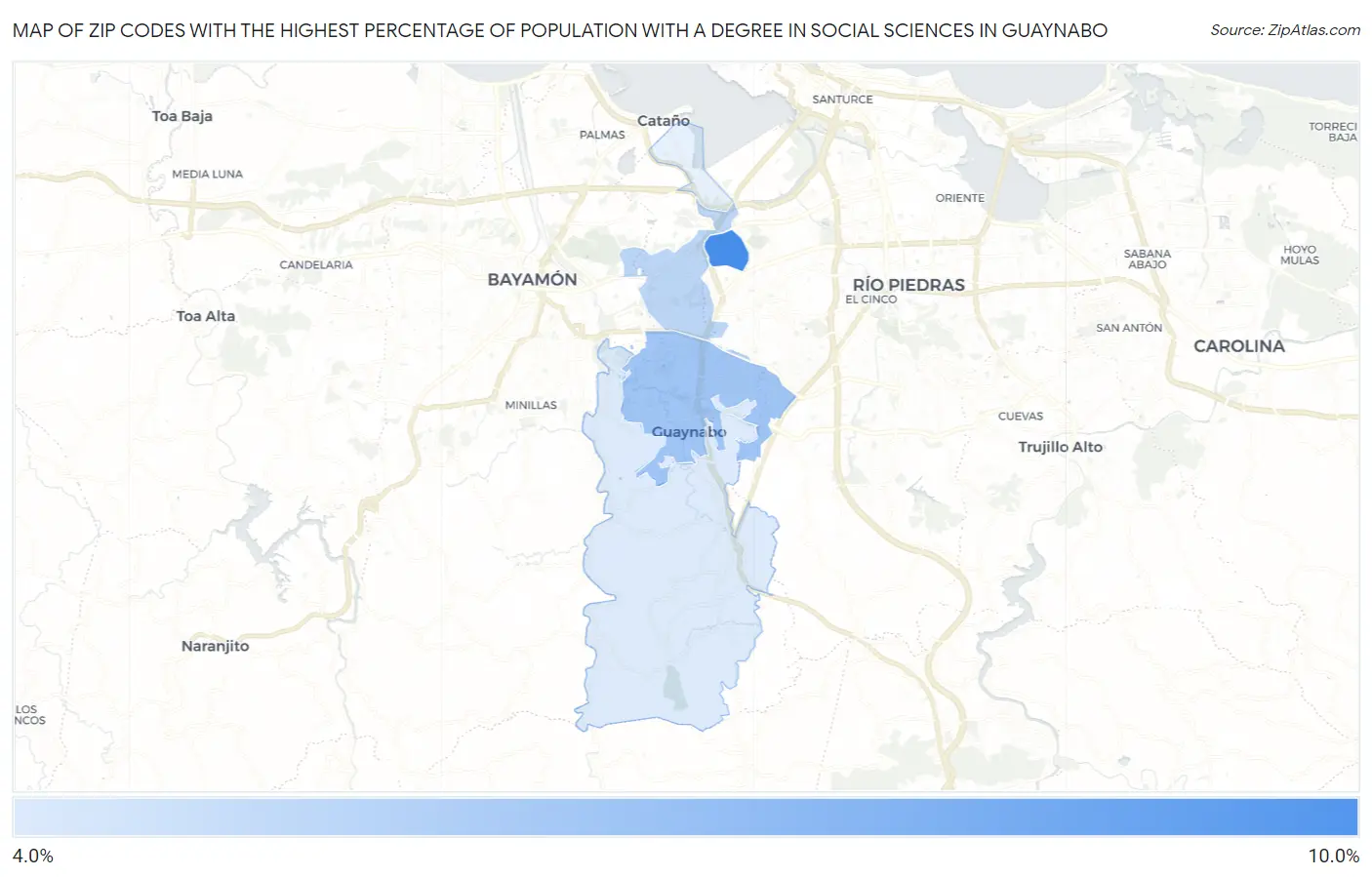Zip Codes with the Highest Percentage of Population with a Degree in Social Sciences in Guaynabo Map