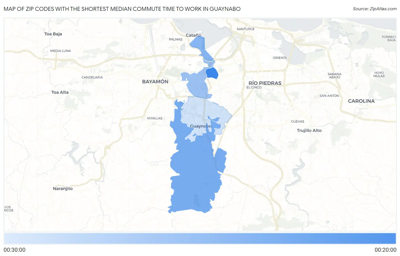 Zip Codes with the Shortest Median Commute Time to Work in Guaynabo Map