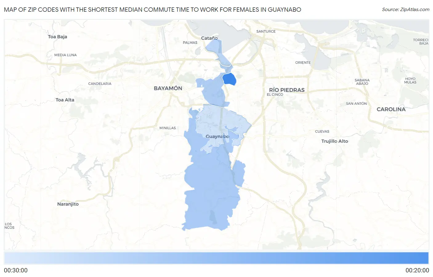 Zip Codes with the Shortest Median Commute Time to Work for Females in Guaynabo Map