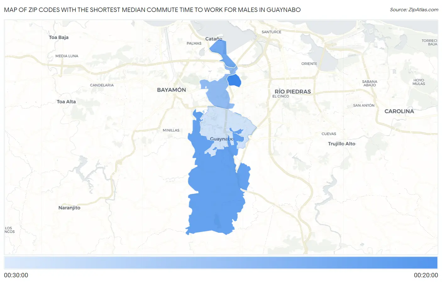 Zip Codes with the Shortest Median Commute Time to Work for Males in Guaynabo Map