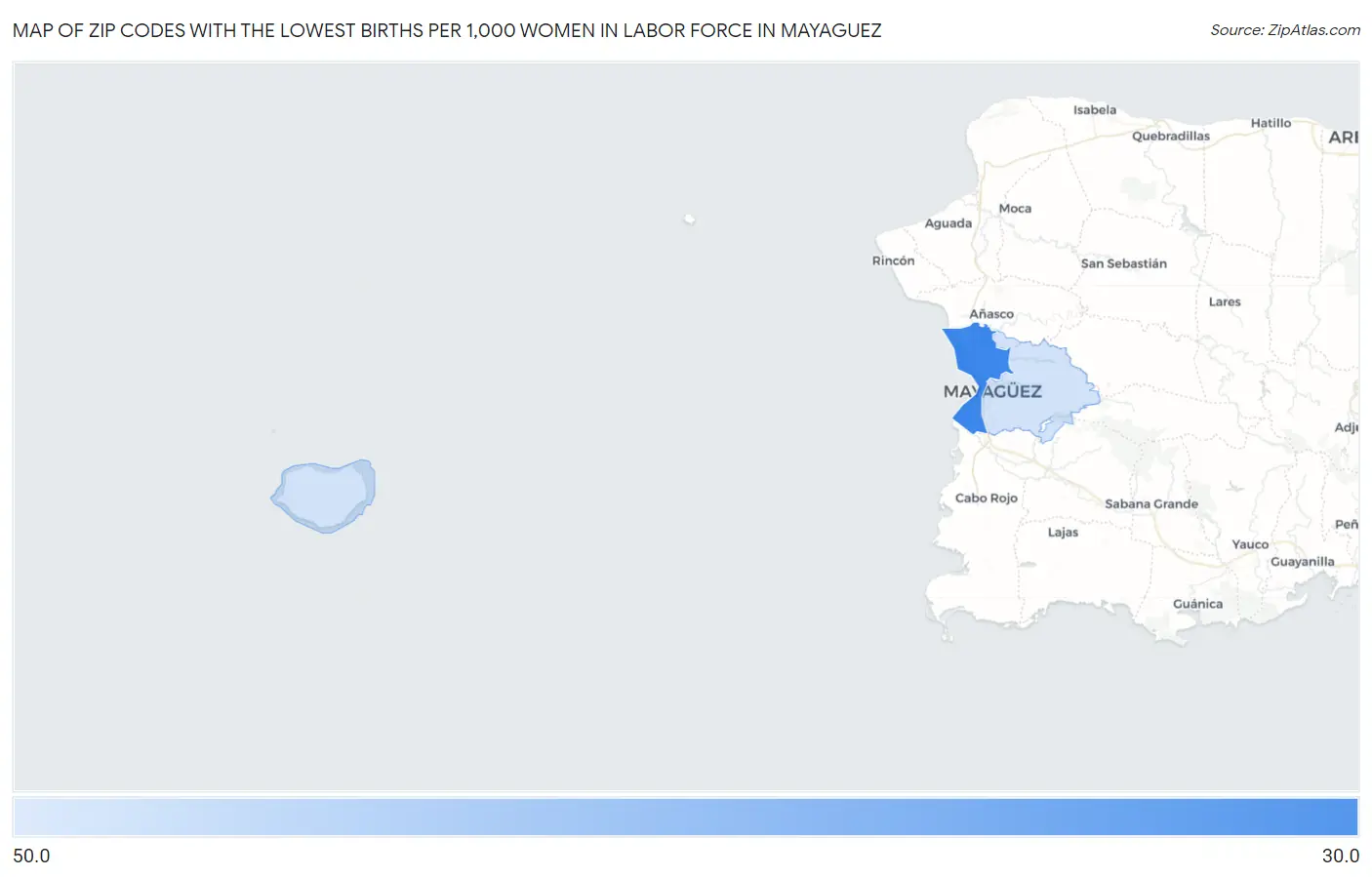 Zip Codes with the Lowest Births per 1,000 Women in Labor Force in Mayaguez Map
