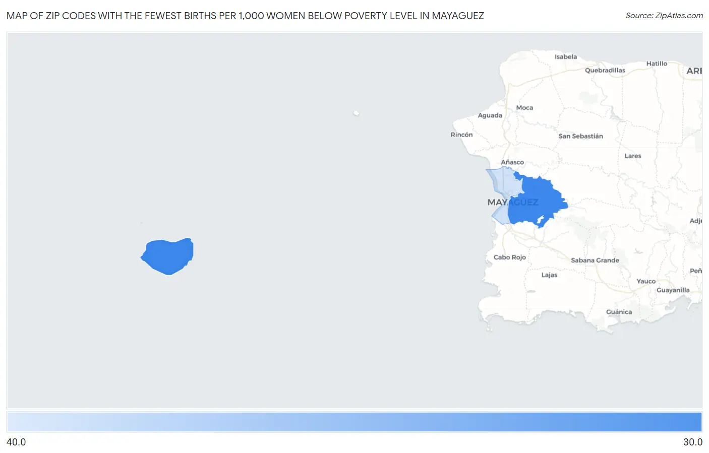 Zip Codes with the Fewest Births per 1,000 Women Below Poverty Level in Mayaguez Map