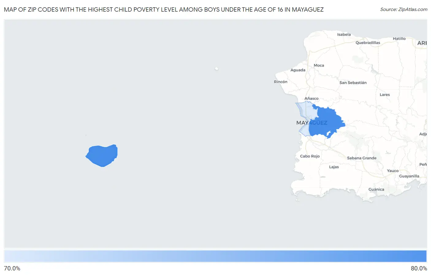 Zip Codes with the Highest Child Poverty Level Among Boys Under the Age of 16 in Mayaguez Map