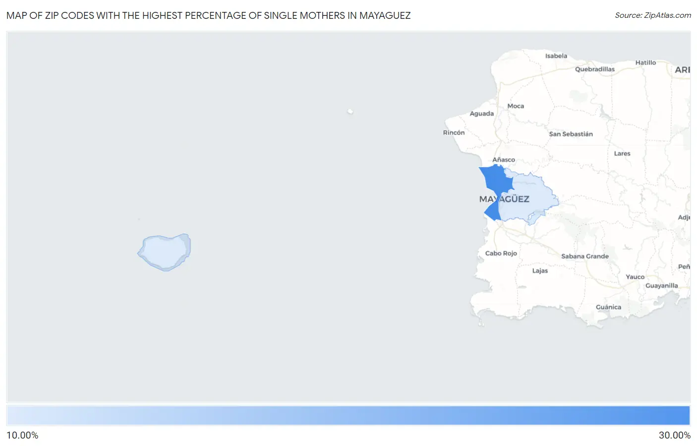Zip Codes with the Highest Percentage of Single Mothers in Mayaguez Map