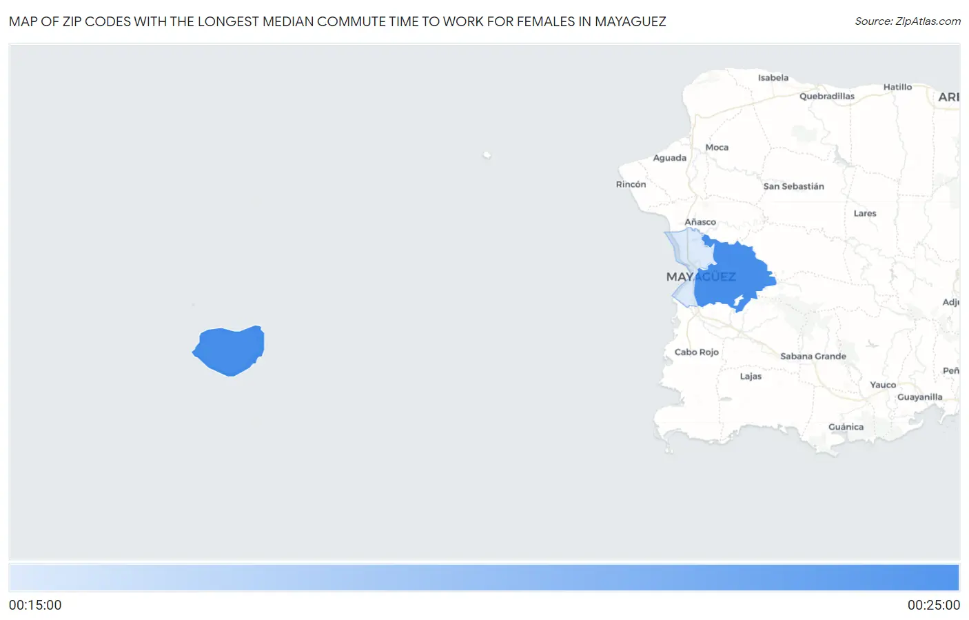 Zip Codes with the Longest Median Commute Time to Work for Females in Mayaguez Map