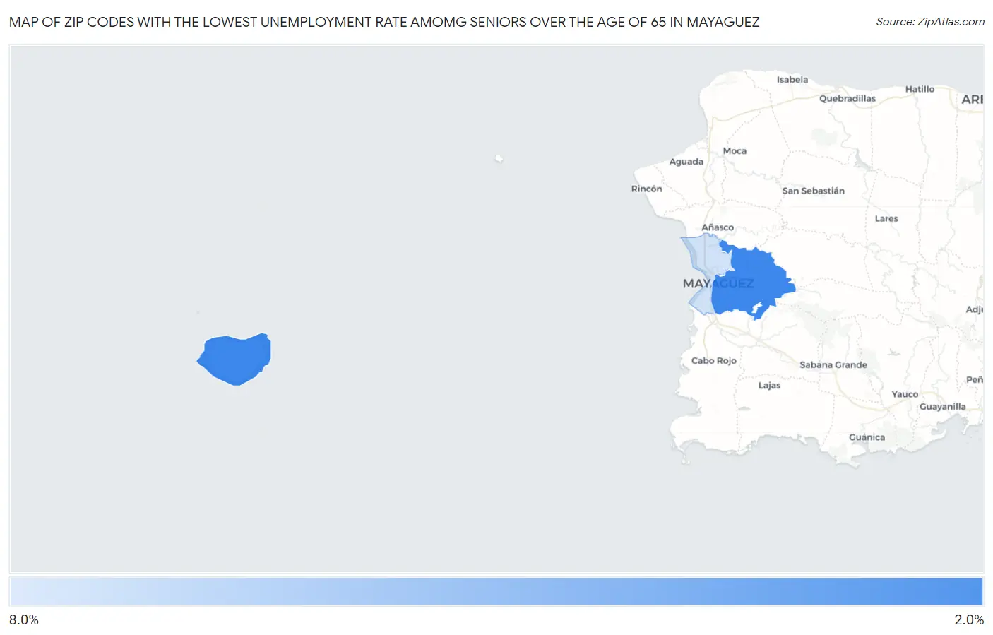 Zip Codes with the Lowest Unemployment Rate Amomg Seniors Over the Age of 65 in Mayaguez Map