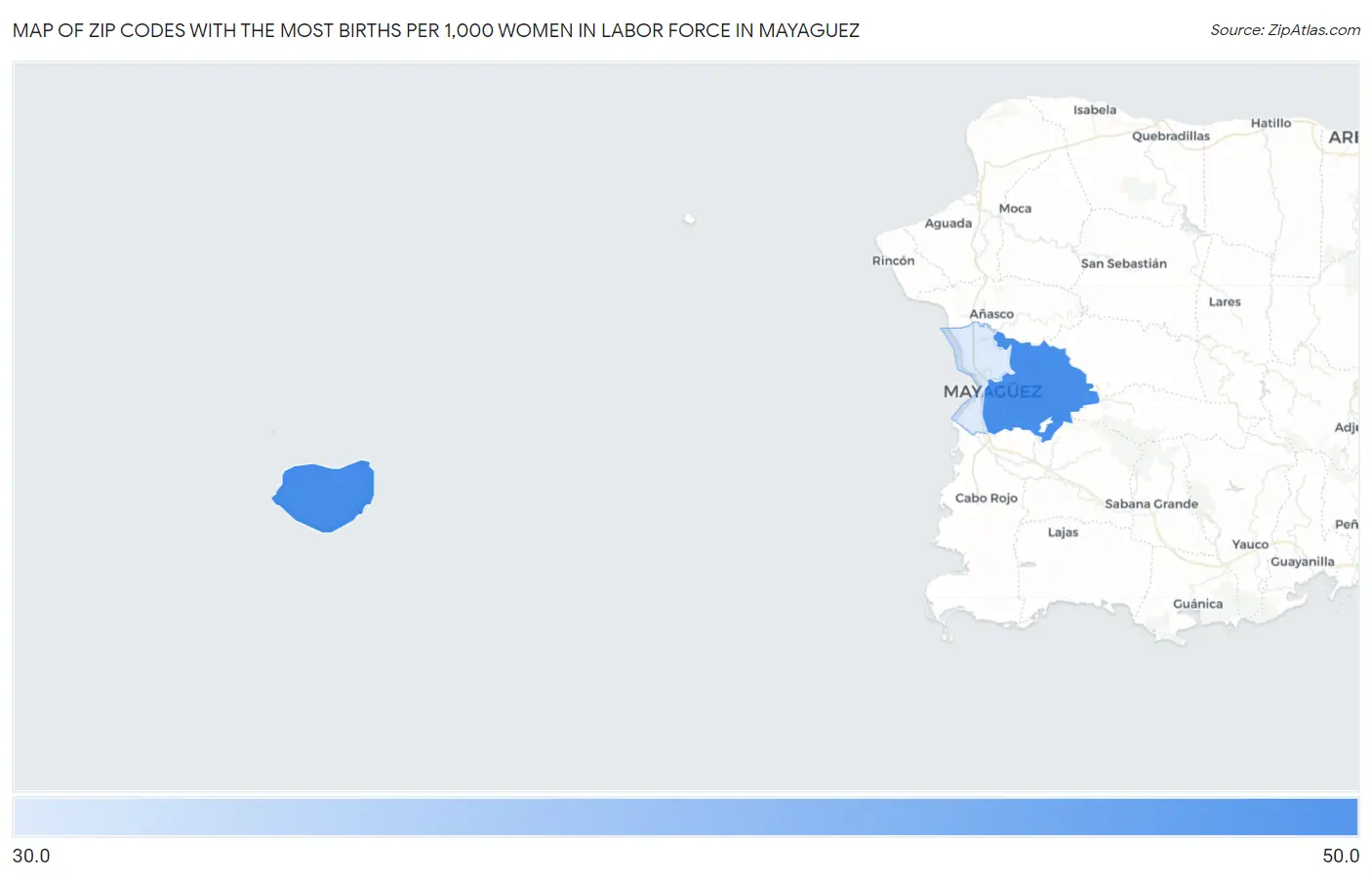Zip Codes with the Most Births per 1,000 Women in Labor Force in Mayaguez Map
