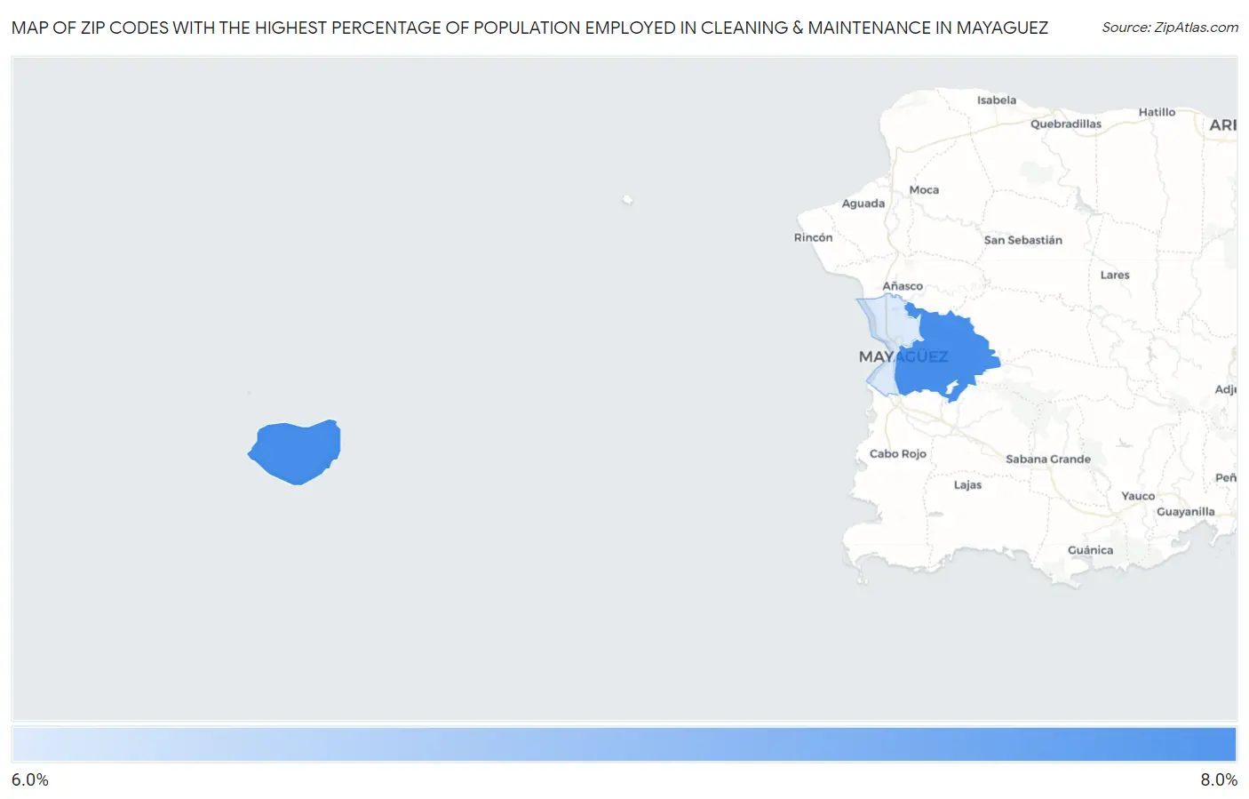 Zip Codes with the Highest Percentage of Population Employed in Cleaning & Maintenance in Mayaguez Map