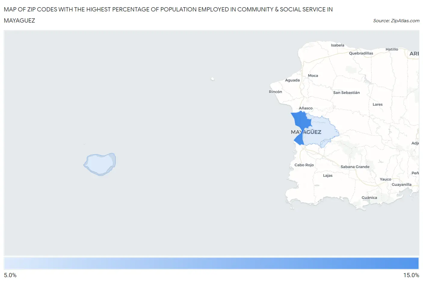 Zip Codes with the Highest Percentage of Population Employed in Community & Social Service  in Mayaguez Map
