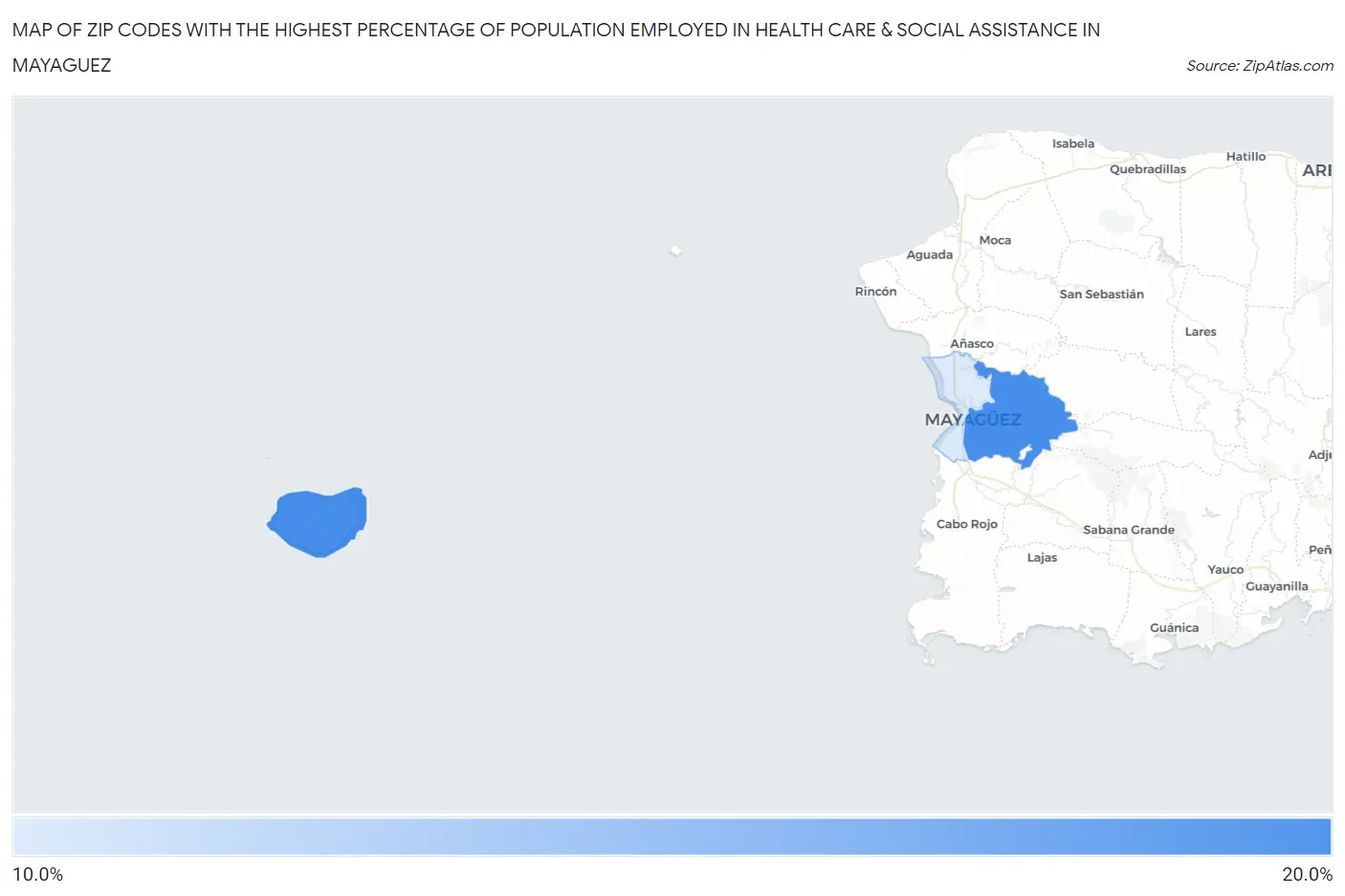 Zip Codes with the Highest Percentage of Population Employed in Health Care & Social Assistance in Mayaguez Map