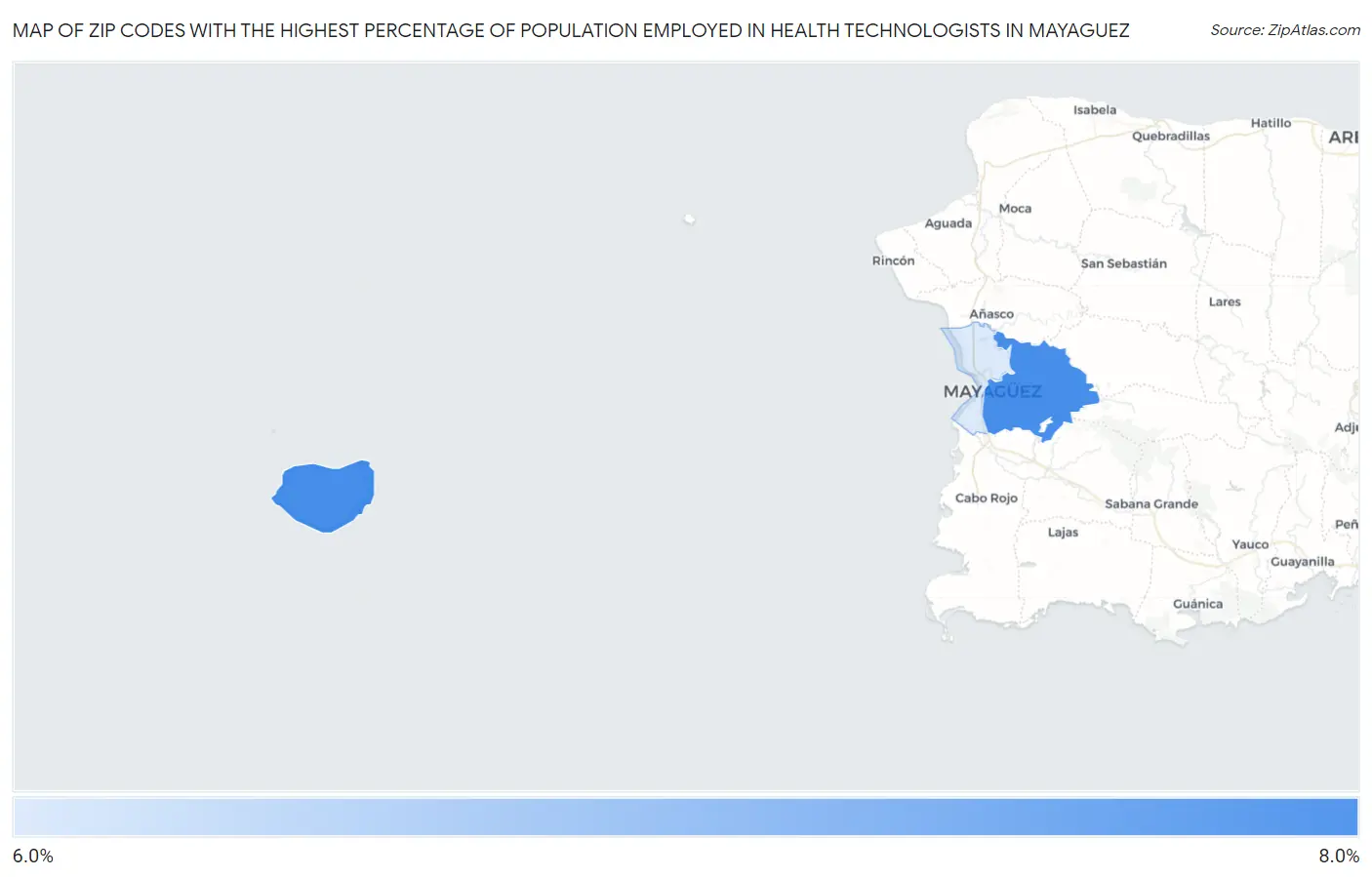 Zip Codes with the Highest Percentage of Population Employed in Health Technologists in Mayaguez Map