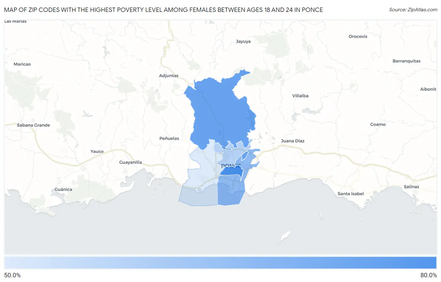 Zip Codes with the Highest Poverty Level Among Females Between Ages 18 and 24 in Ponce Map