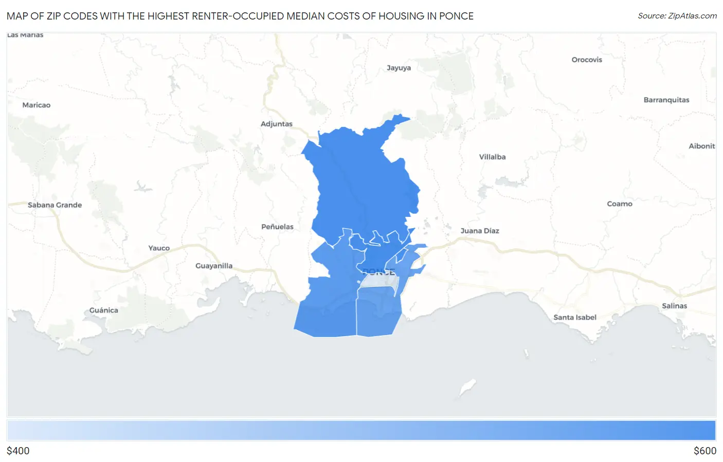 Zip Codes with the Highest Renter-Occupied Median Costs of Housing in Ponce Map