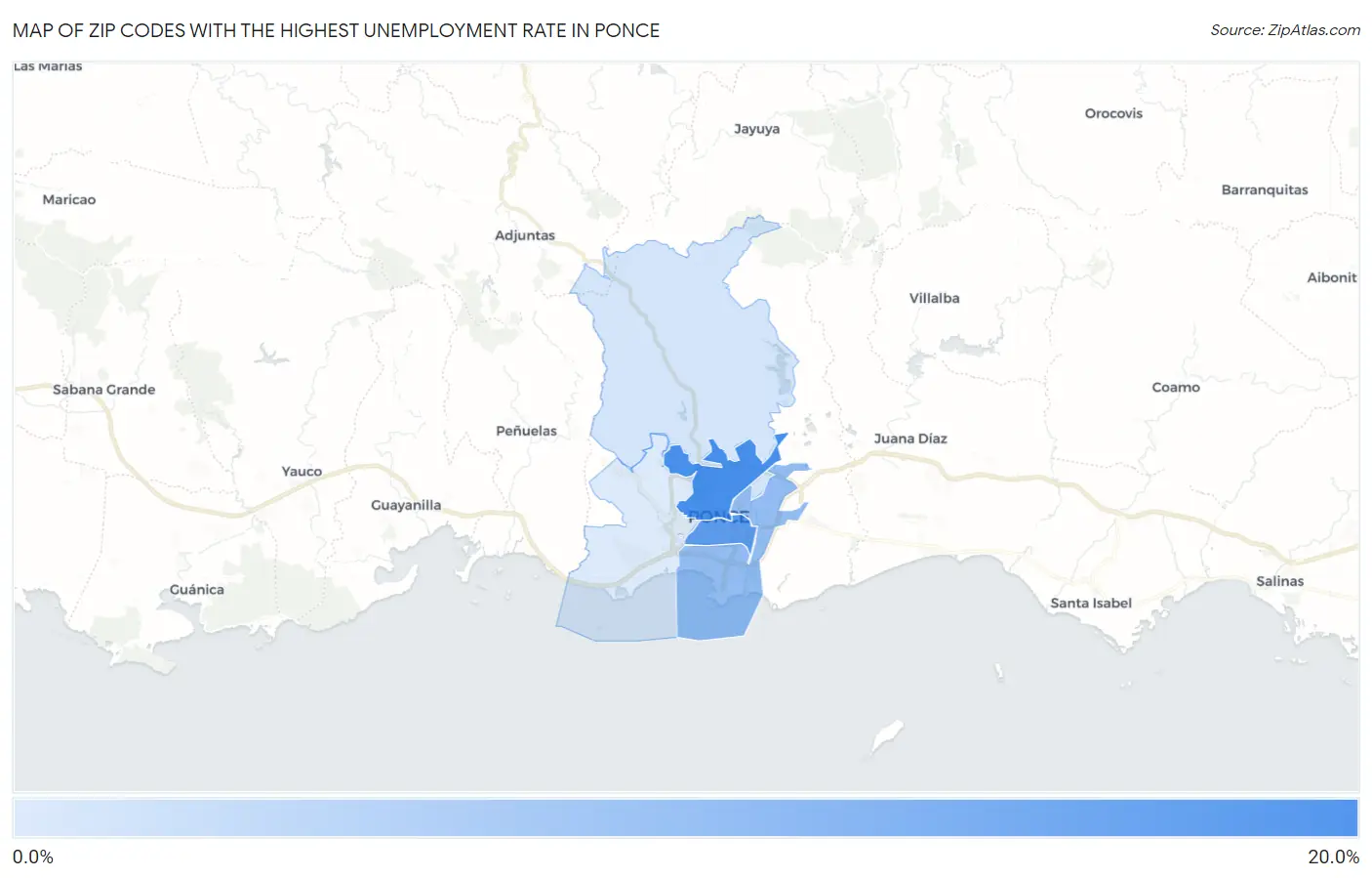 Zip Codes with the Highest Unemployment Rate in Ponce Map
