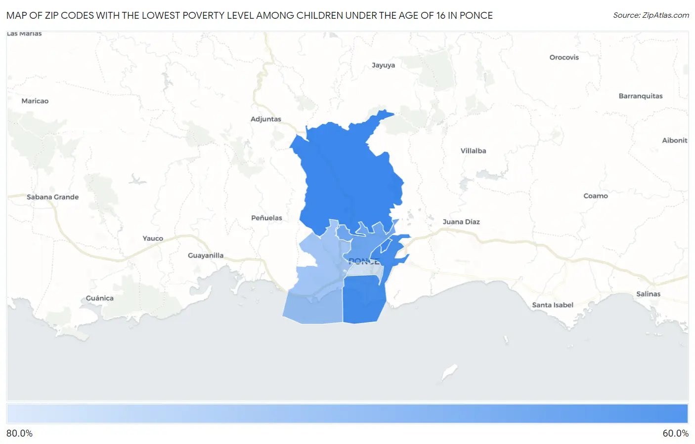 Zip Codes with the Lowest Poverty Level Among Children Under the Age of 16 in Ponce Map