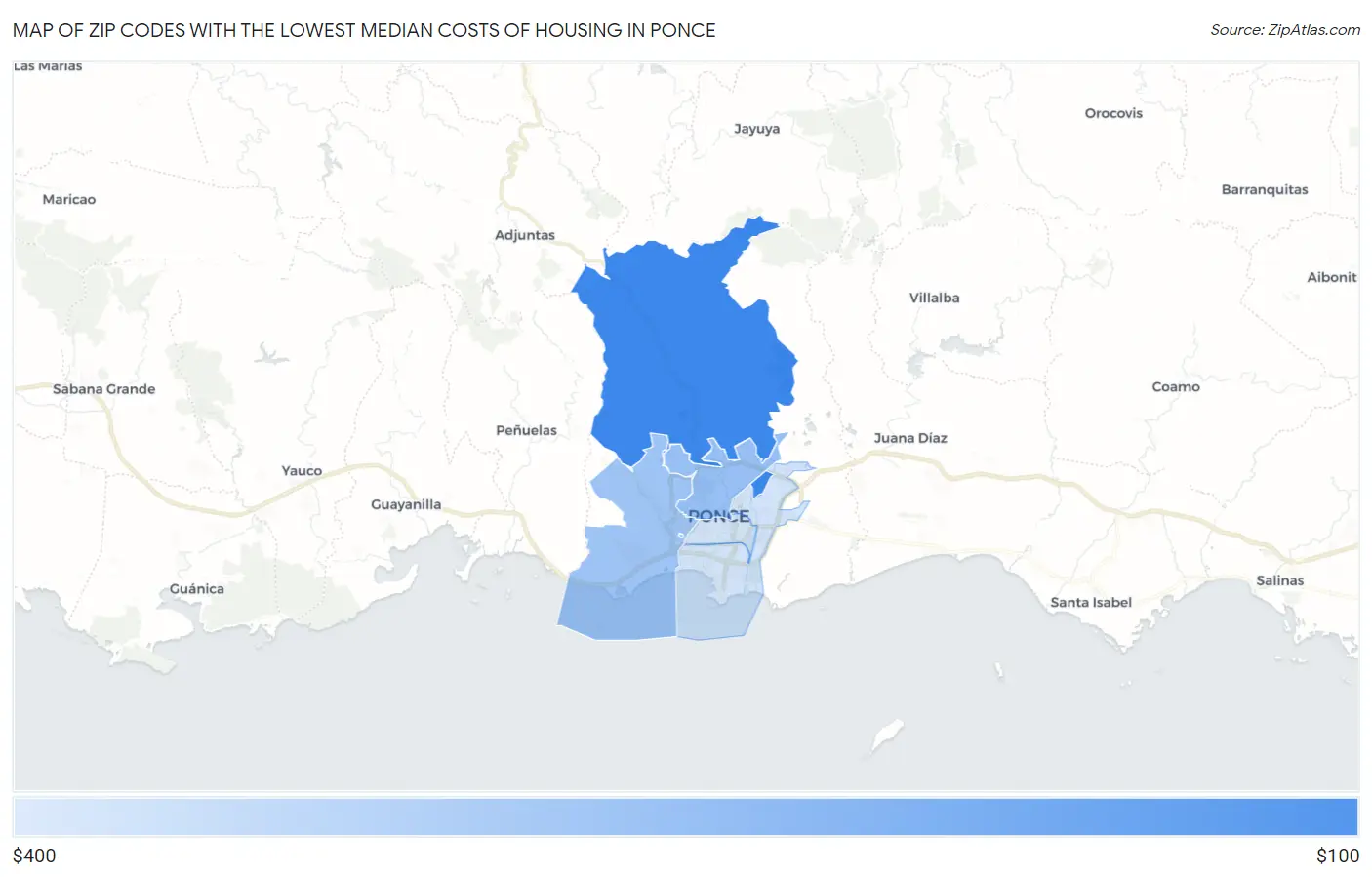 Zip Codes with the Lowest Median Costs of Housing in Ponce Map