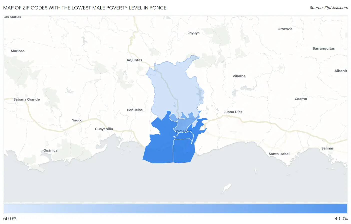 Zip Codes with the Lowest Male Poverty Level in Ponce Map
