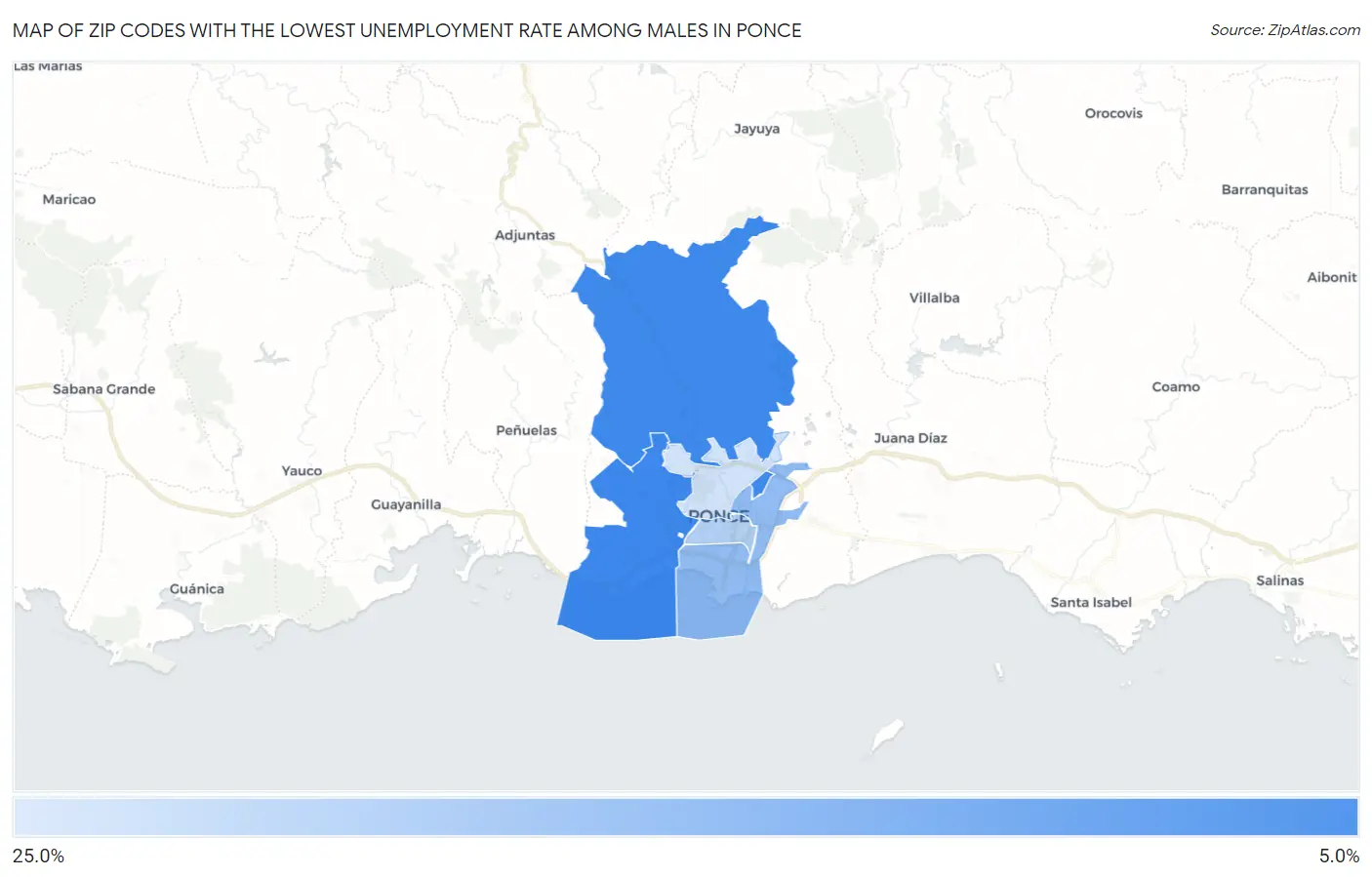 Zip Codes with the Lowest Unemployment Rate Among Males in Ponce Map