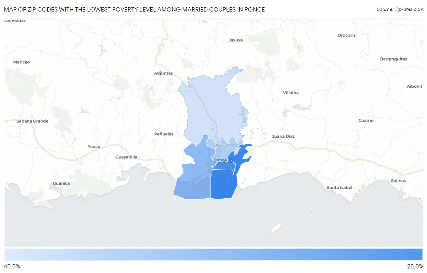 Zip Codes with the Lowest Poverty Level Among Married Couples in Ponce Map