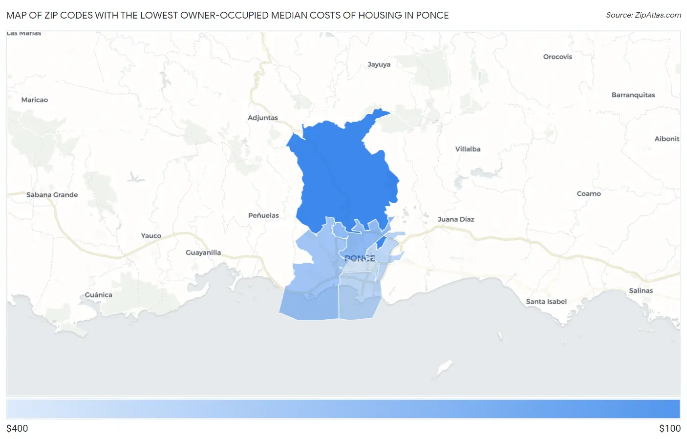 Zip Codes with the Lowest Owner-Occupied Median Costs of Housing in Ponce Map
