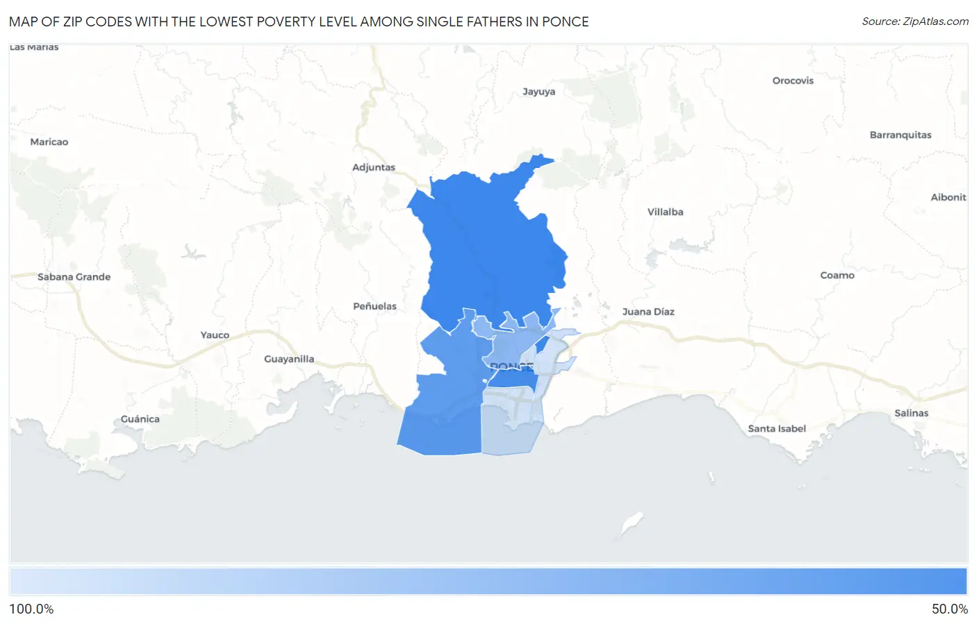 Zip Codes with the Lowest Poverty Level Among Single Fathers in Ponce Map