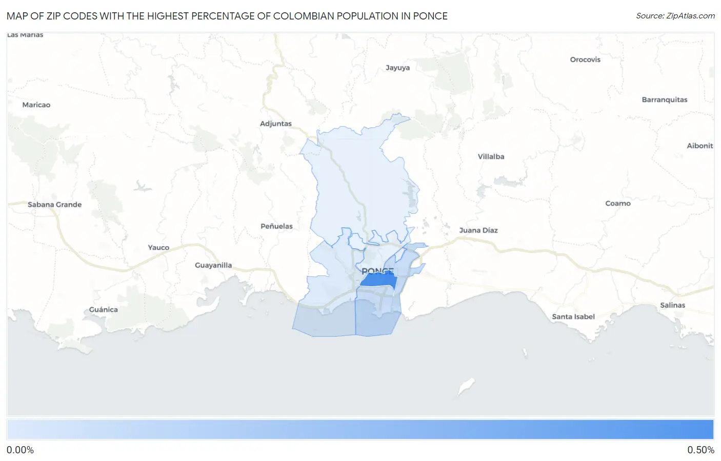 Zip Codes with the Highest Percentage of Colombian Population in Ponce Map